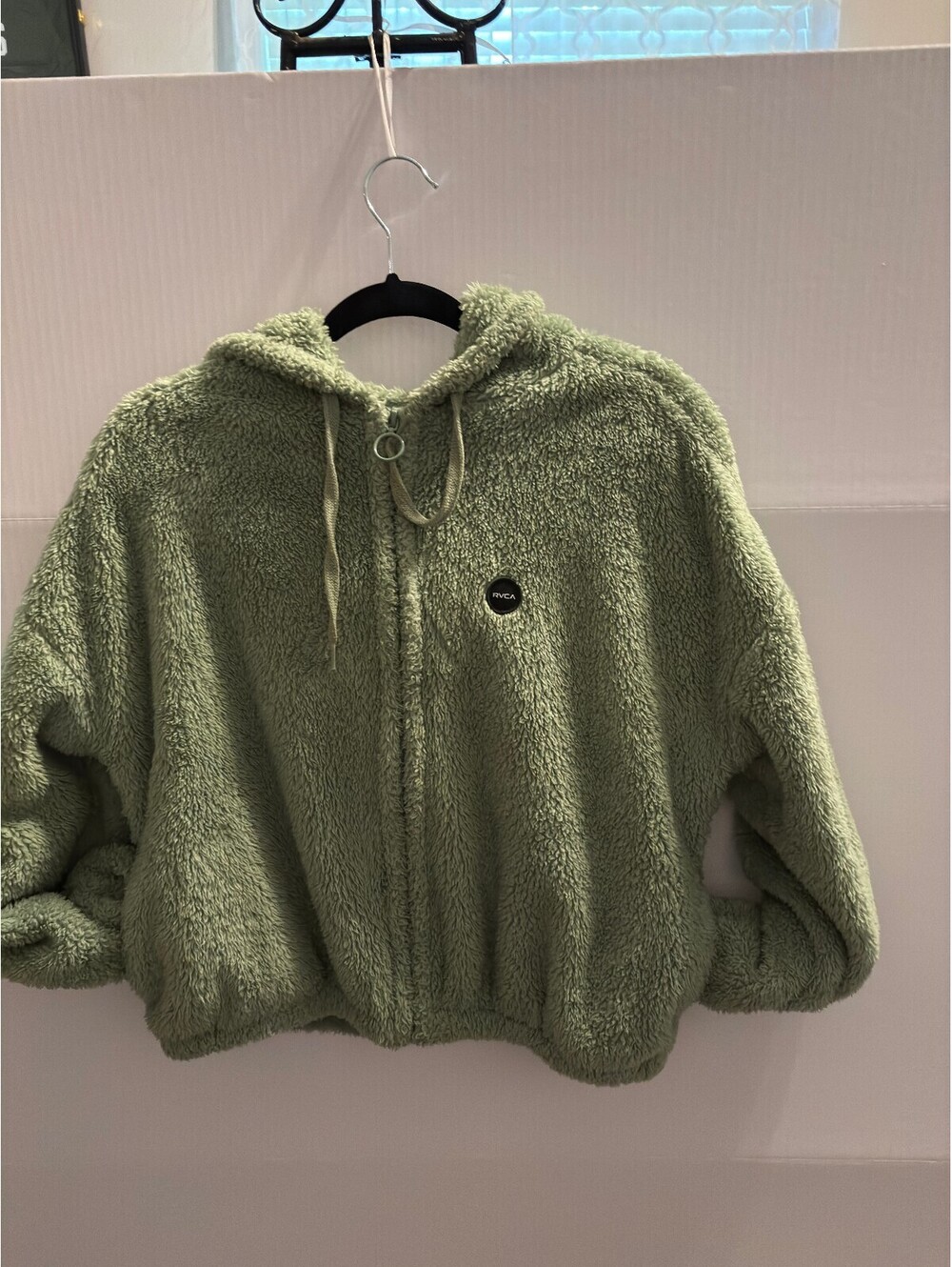 RVCA Women's Sage Green Sherpa Zip Hoodie with Hood and Drawstrings, Size M/L